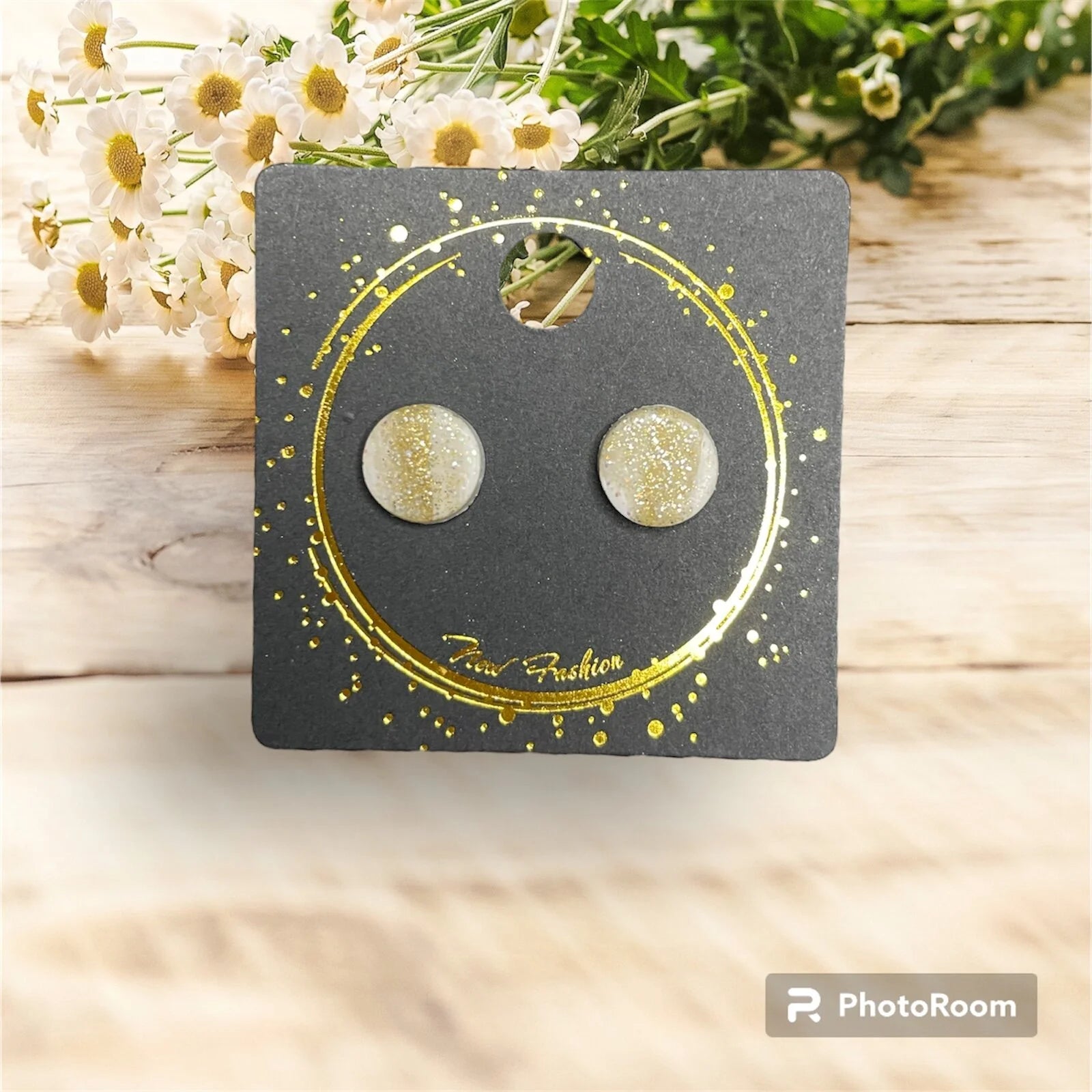 Gold and White Glitter Stud Earrings