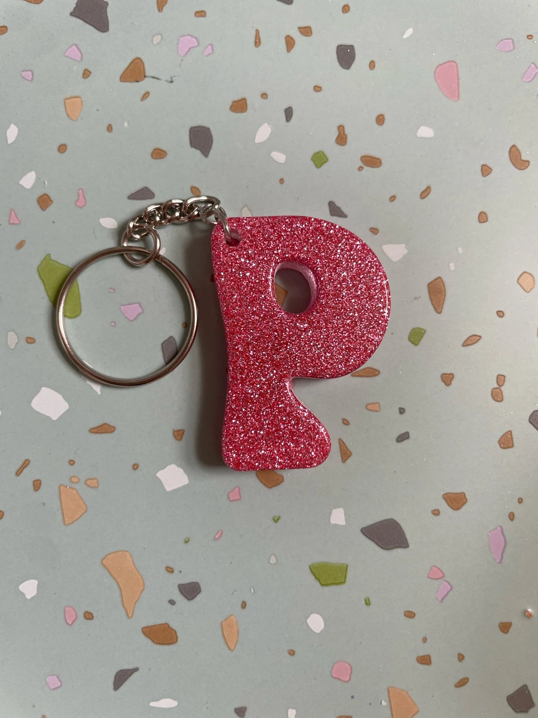 Pink Glitter Initial Keychain