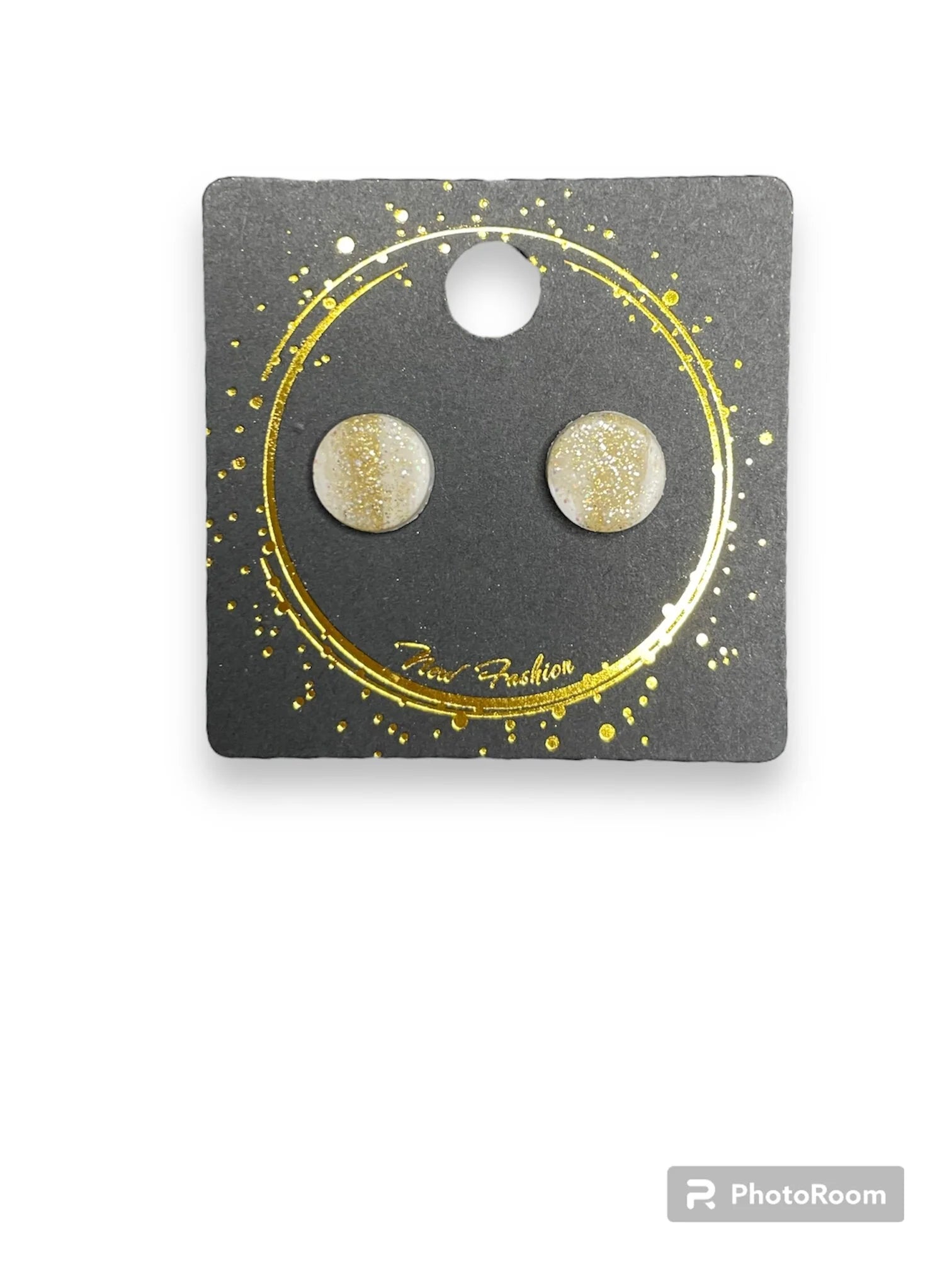 Gold and White Glitter Stud Earrings